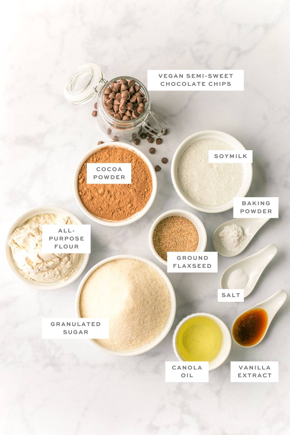 Ingredients for vegan brownies with labels.