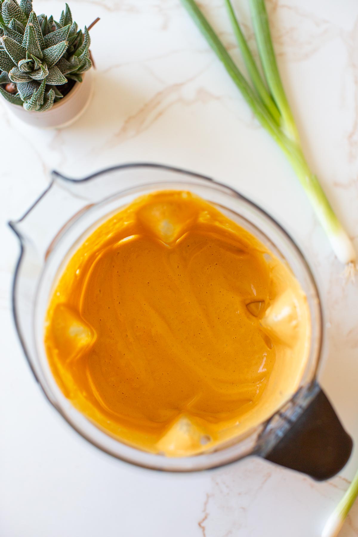A blender with the creamy vegan buffalo dip inside and green onions on the side.