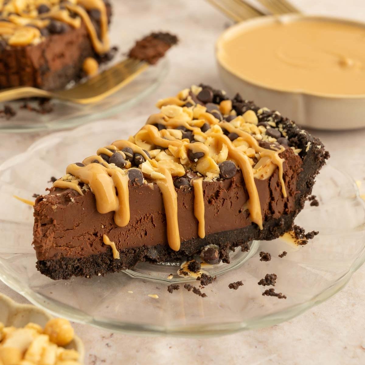 A slice of vegan chocolate peanut butter pie.