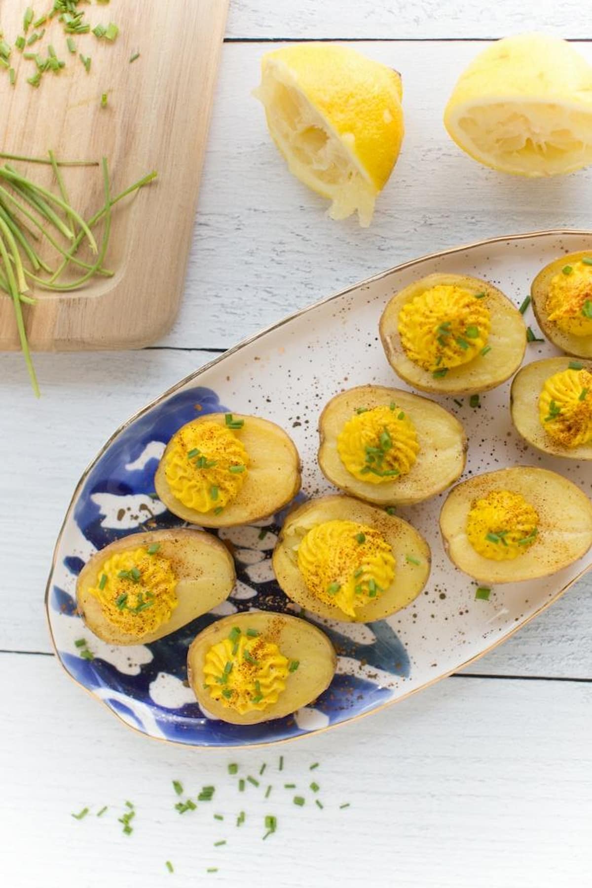 A plate of vegan deviled potatoes.
