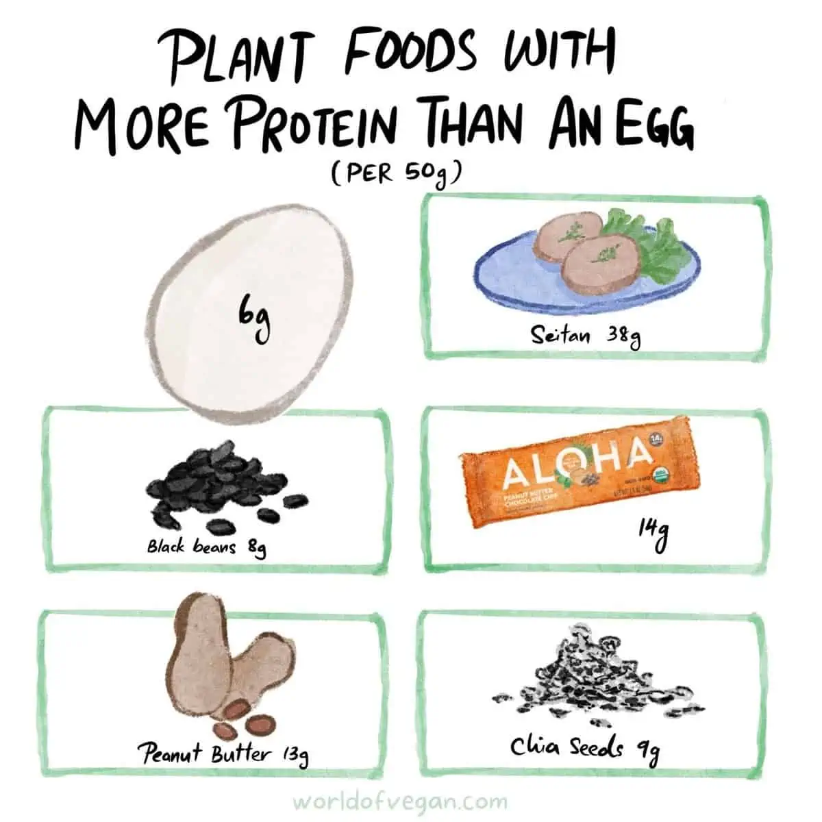 Vegan art graphic showing plant-based foods with more protein per serving than an egg.