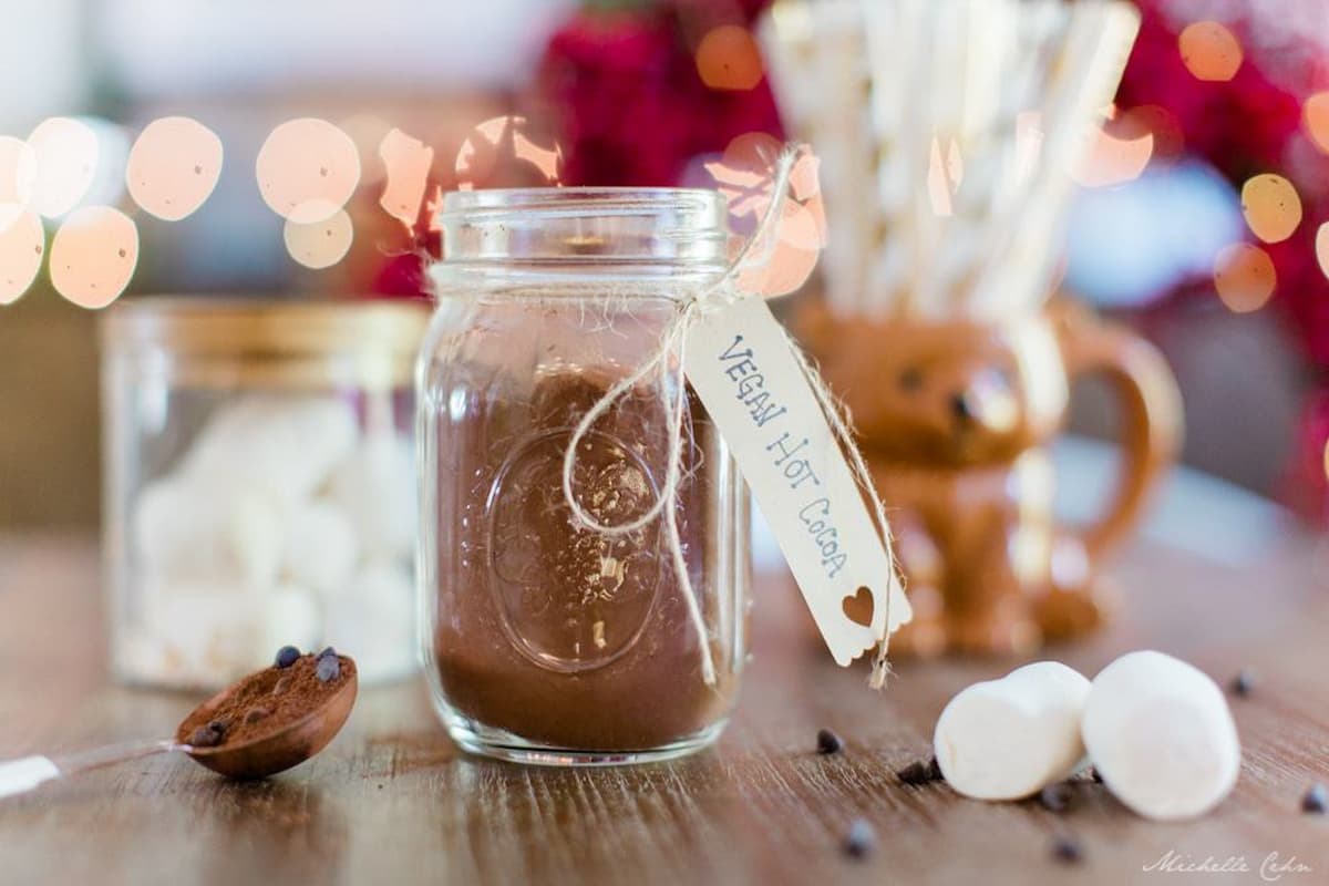 A jar of homemade vegan hot cocoa mix.