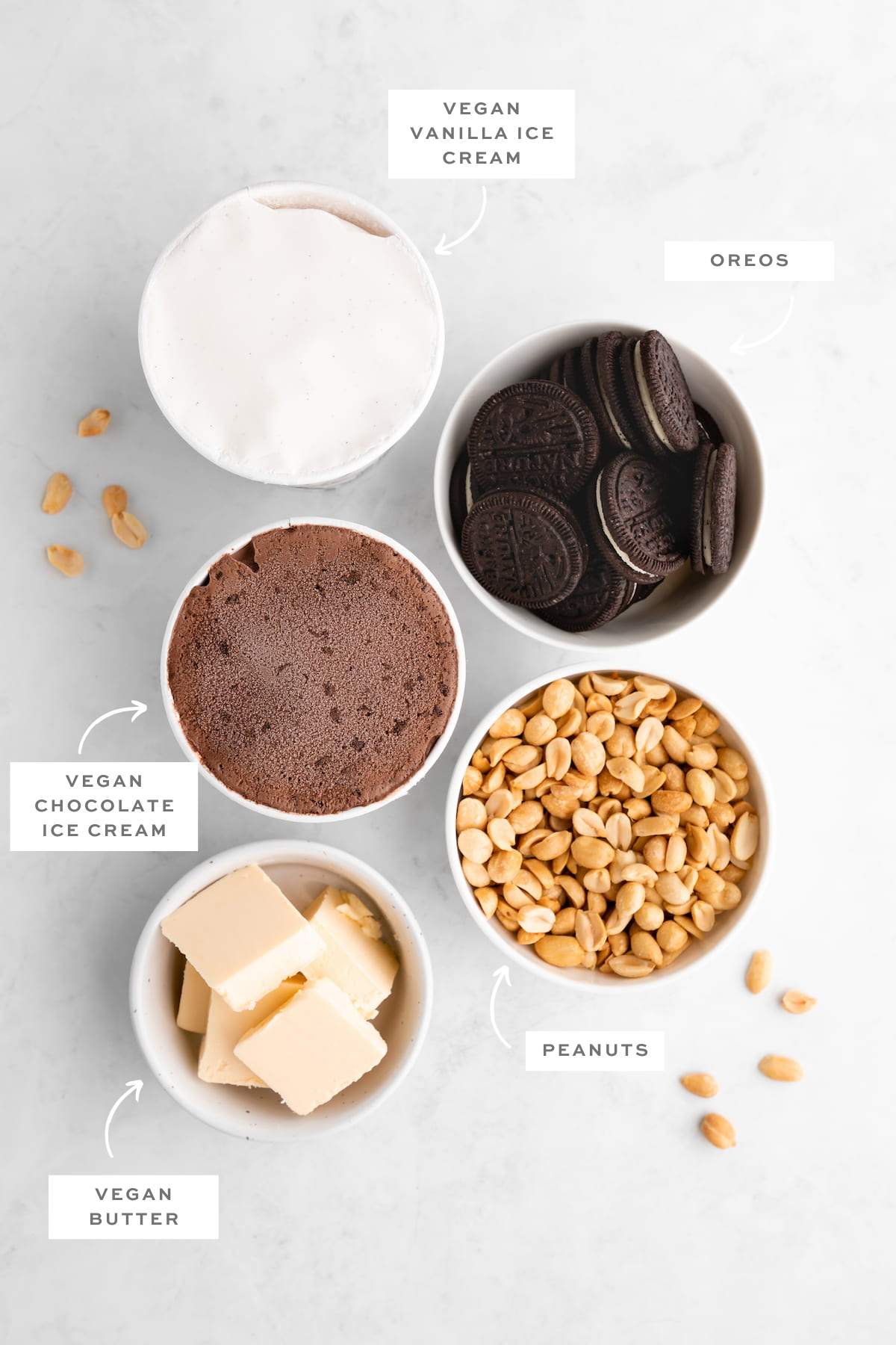 Gathered ingredients for this vegan ice cream cake recipe with labels.