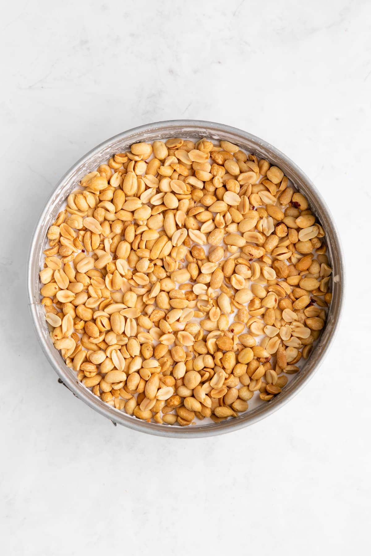 A layer of peanuts added over the top of the vegan vanilla ice cream in a springform pan.