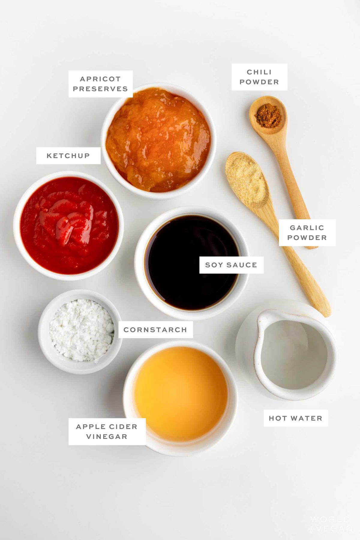 Key ingredients for vegan kabob sauce with labels.