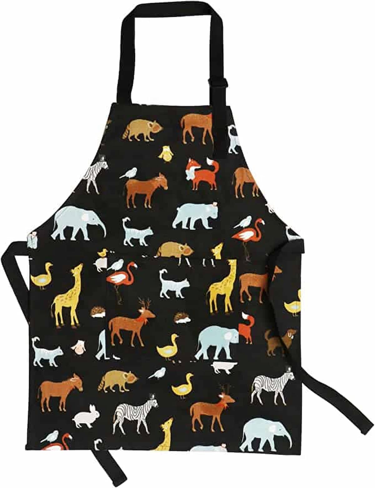 A kid's black apron with animals on it.