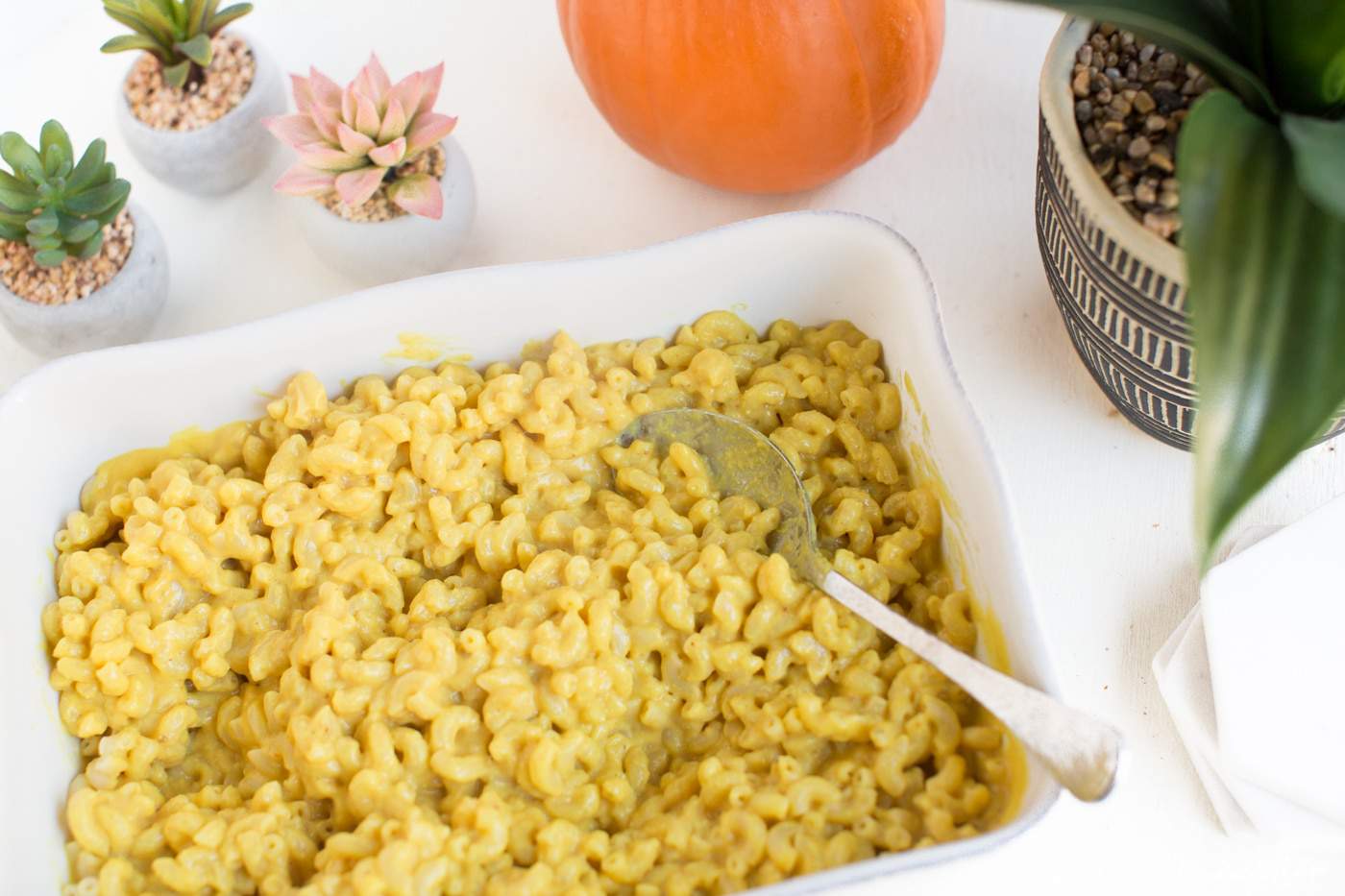 Baked vegan macaroni and cheese in a casserole dish with golden topping.