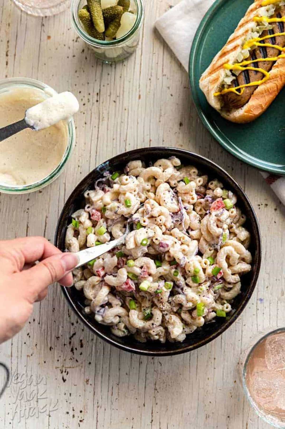 A bowl of vegan macaroni salad, made with silken tofu.