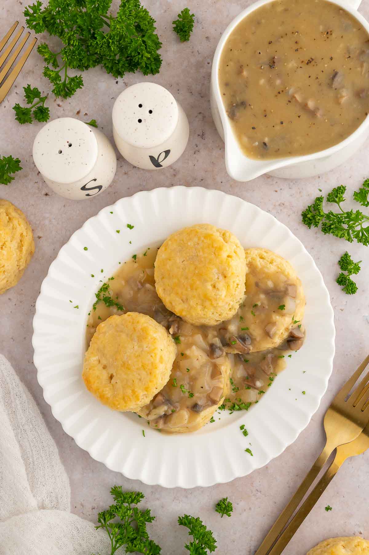 Vegan mushroom gravy with biscuits.