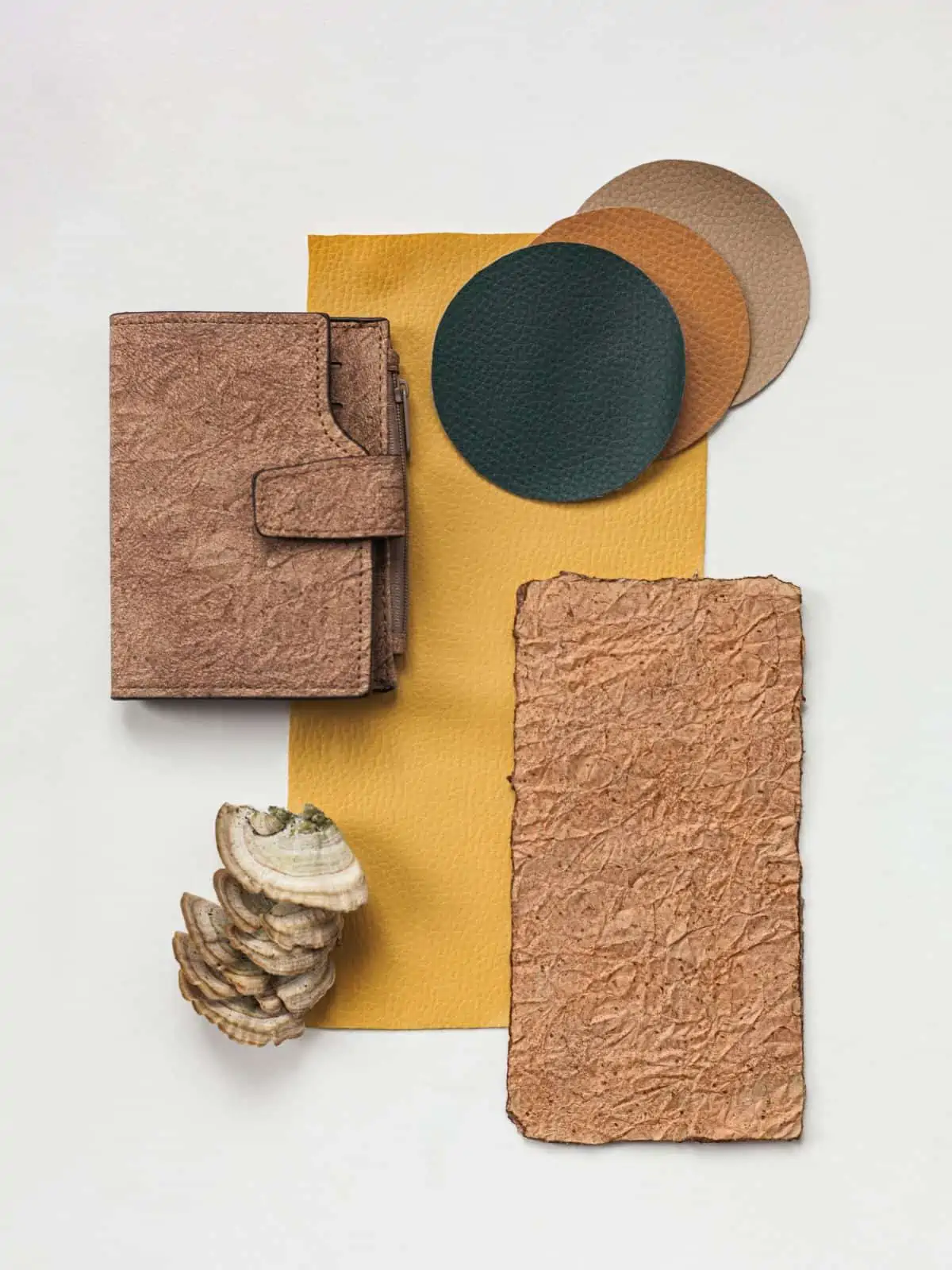 Vegan plant based leather options and wallet laid out on a table.