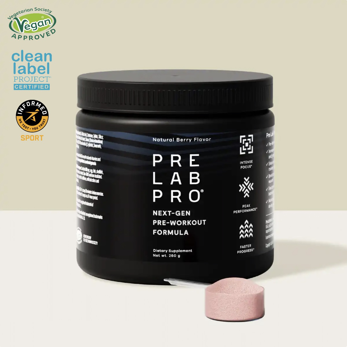 Vegan pre workout supplement from Performance Lab in a black container.