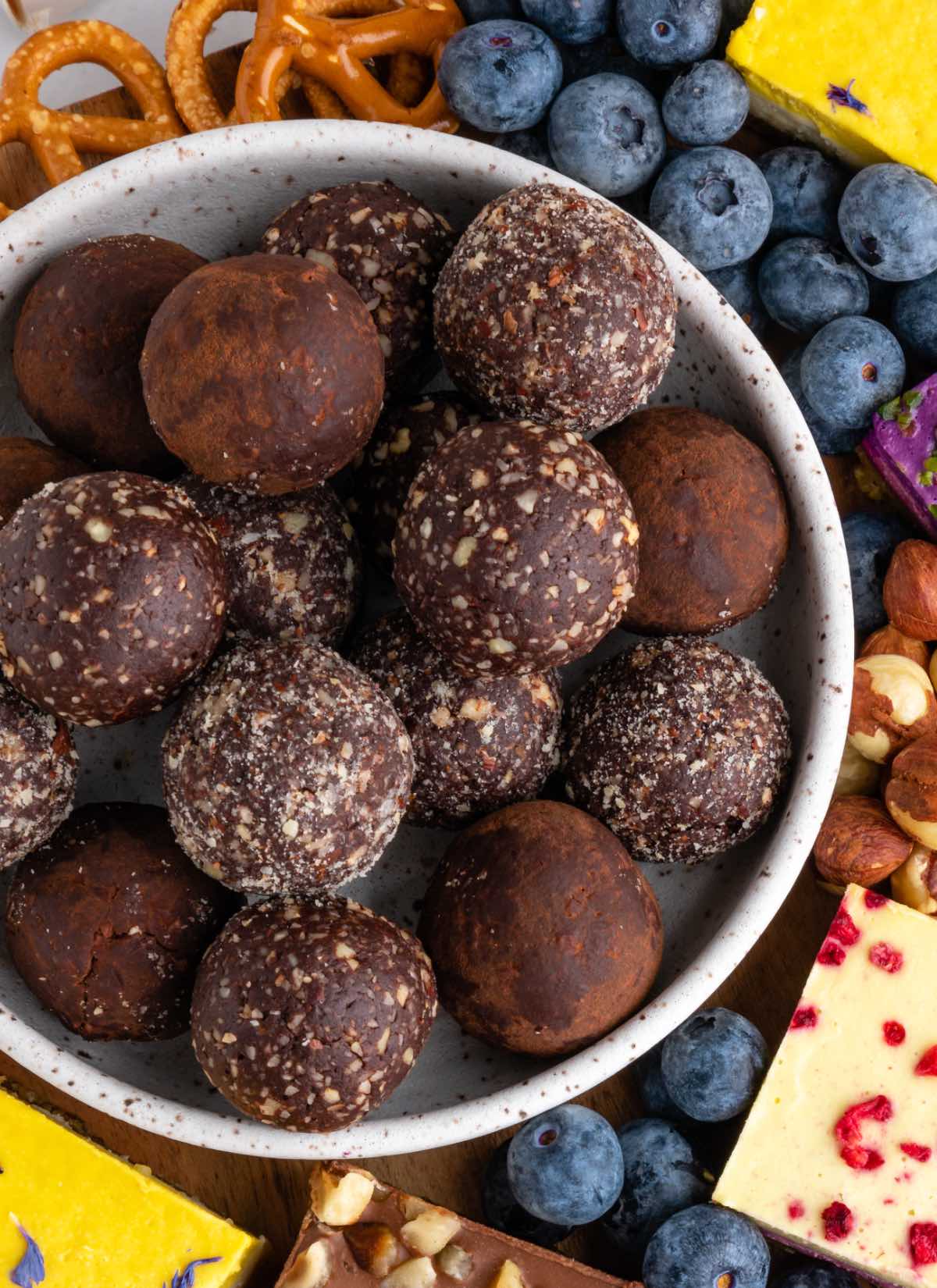 A bowl of vegan protein balls.