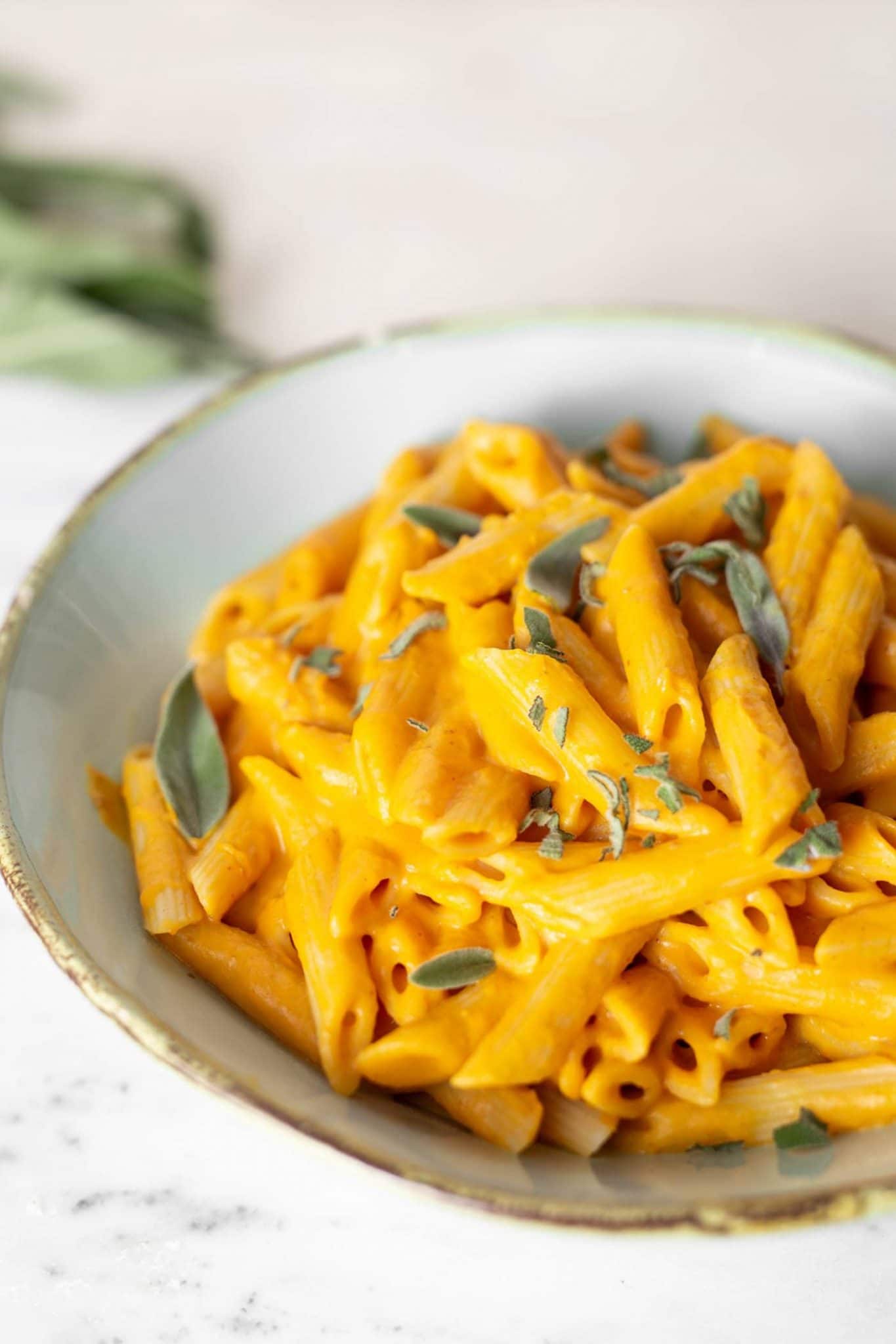 Vegan pumpkin pasta with creamy sauce and sage garnish on a rustic plate.