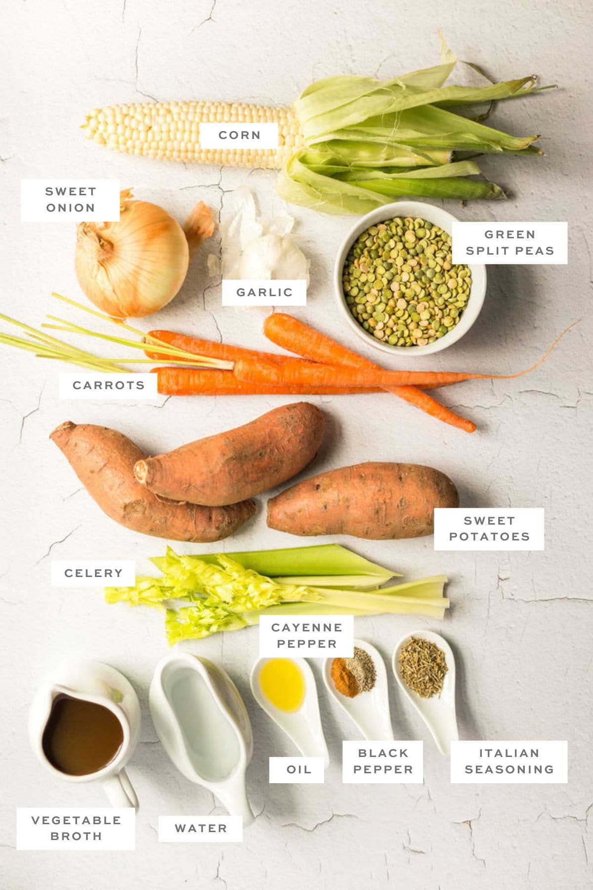 Gathered ingredients for vegan split pea soup with labels.