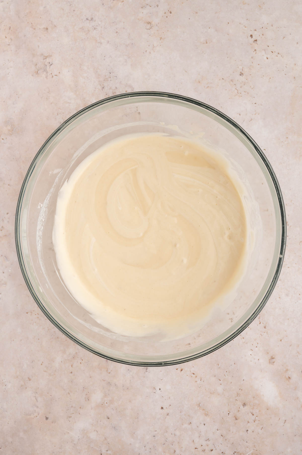 The vegan strawberry shortcake batter all mixed together with the whipped aquafaba.