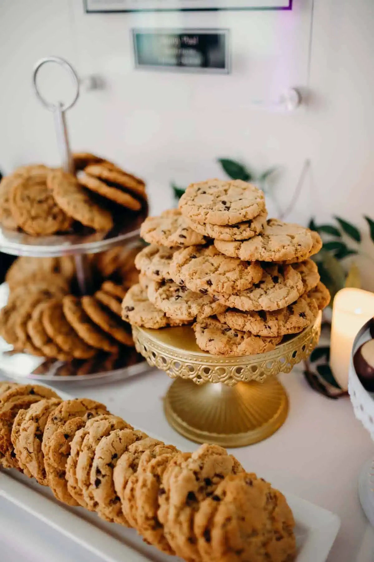 Vegan wedding dessert bar with chocolate chip cookies and pecan bars.