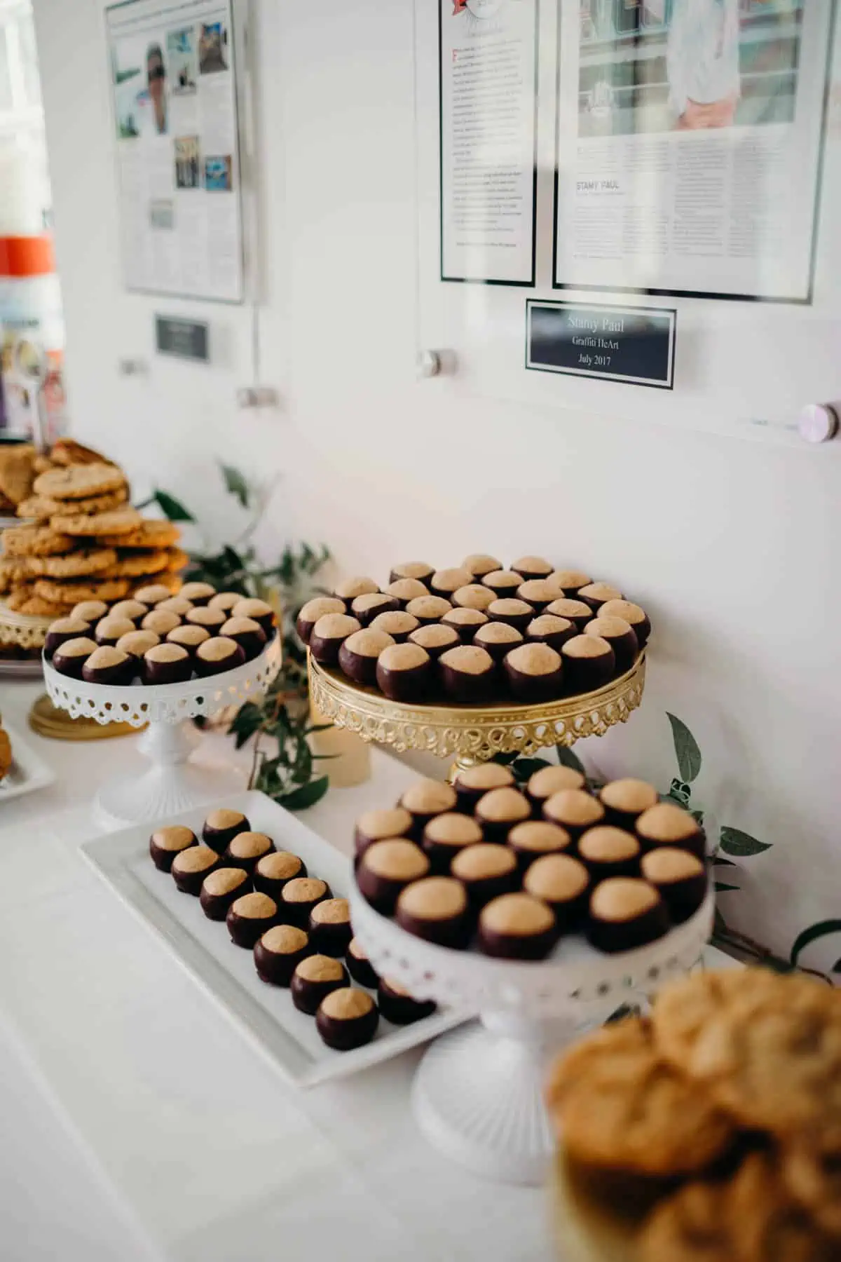 Vegan dessert bar with buckeyes, cookies, and pecan bars at queer wedding.