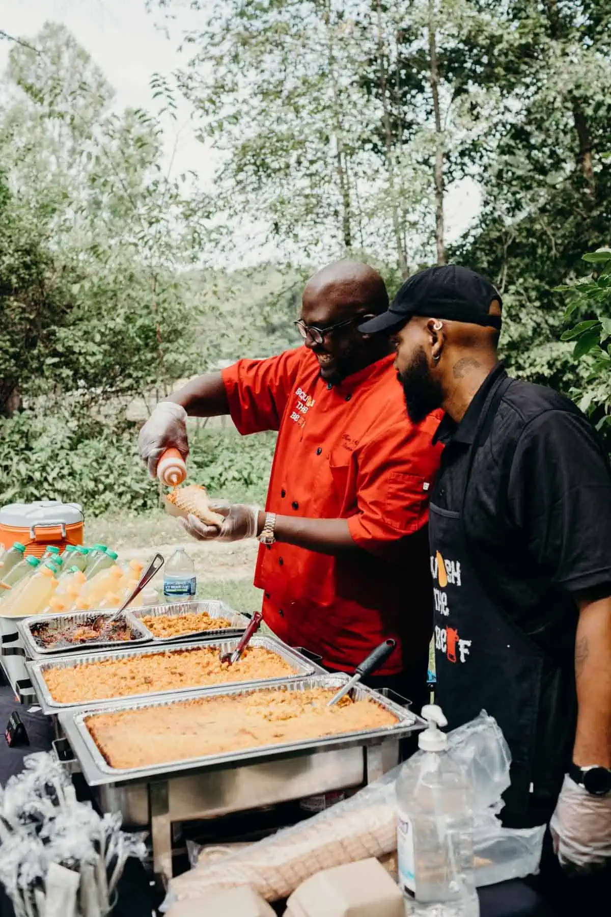 Two chefs from squash the beef vegan wedding catering.
