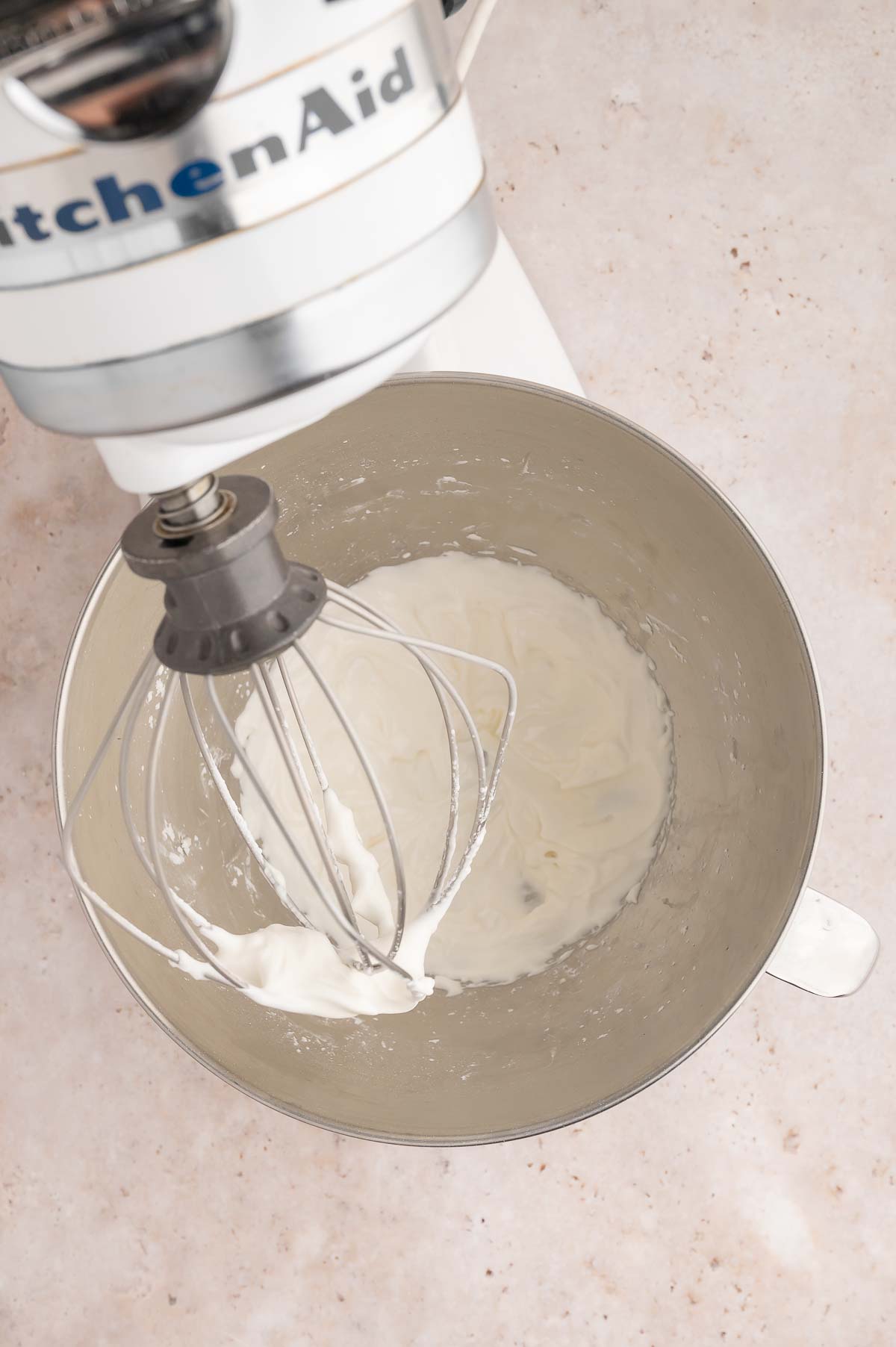 Aquafaba and cornstarch whipped together in a stand mixer.