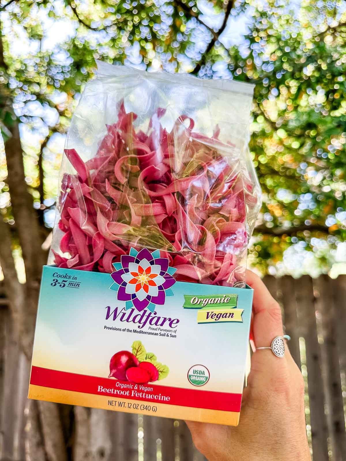 A package of Wildfare brand beetroot vegan fettuccine.