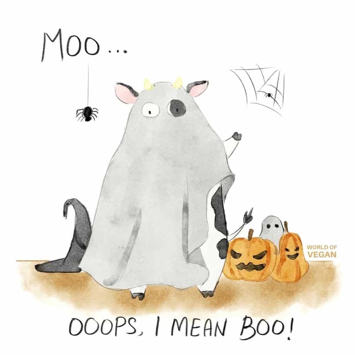 Cartoon cow dressed as a ghost for Halloween with pumpkins, spider, and web, saying “Moo… ooops, I mean Boo!”